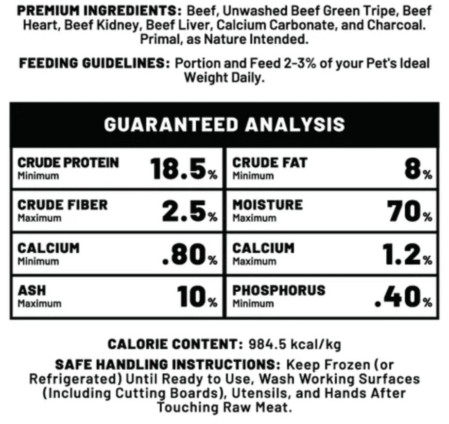 The BARFF Guaranteed Analysis - Premium Ingredients: Beef, Unwashed Beef Green Tripe, Beef Heart, Beef Kidney, Beef Liver, Calcium Carbonate, and Charcoal